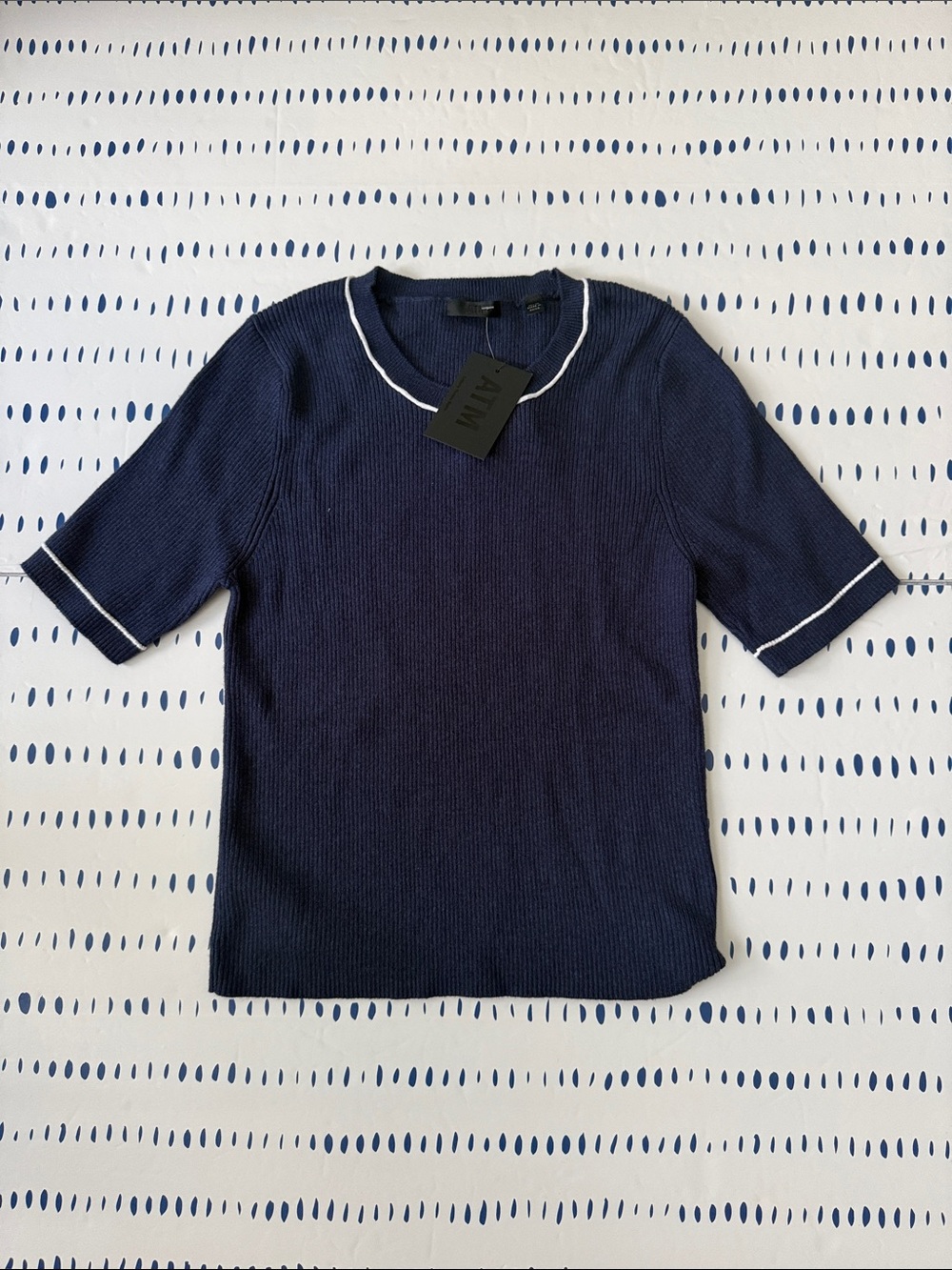 ATM Anthony Thomas Melillo Navy Knit Short-Sleeve Sweater with White Trim